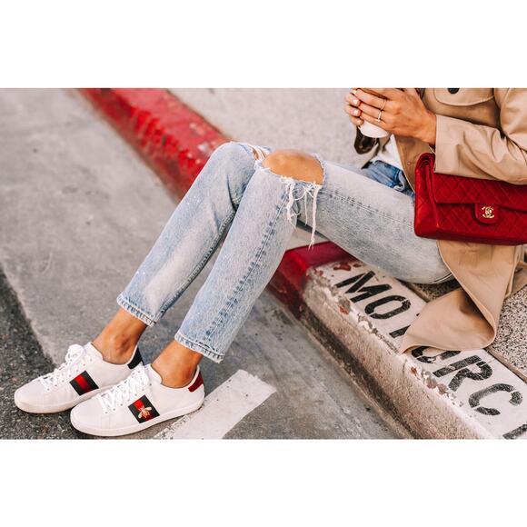 Gucci Ace Leather Striped Low Top Sneakers with Bee White Women's 37 - Picture 1 of 6